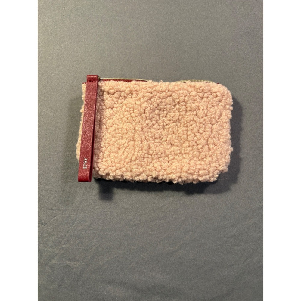Ipsy Pink Sherpa Faux Fur Makeup Bag Burgundy‎ Trim Cosmetic Pouch Zippered